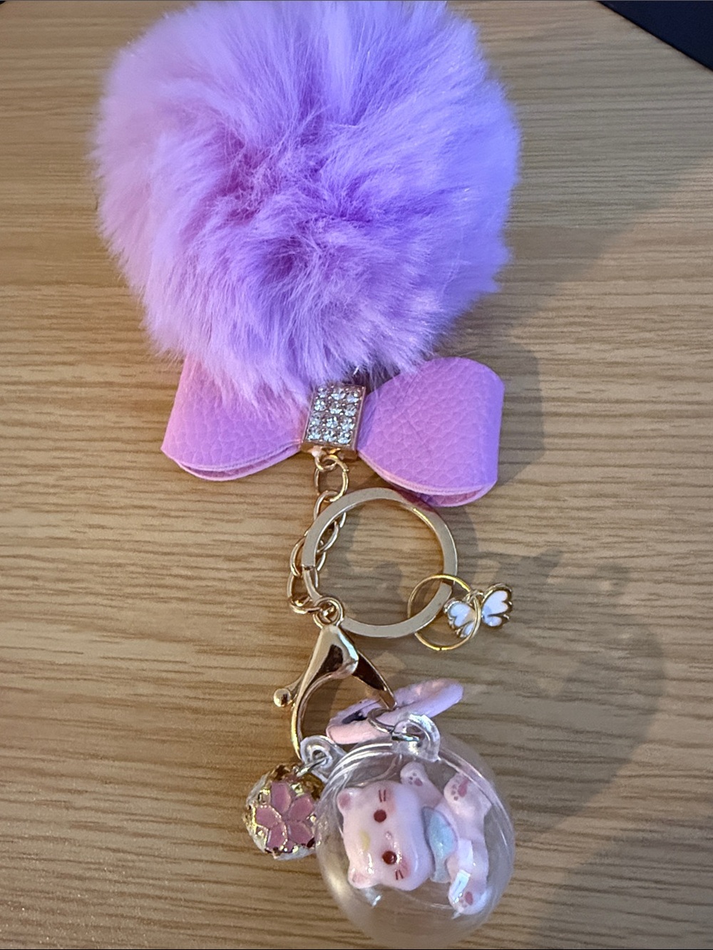 Lavender Pom Pom Bow Keychain with Bunny Charm